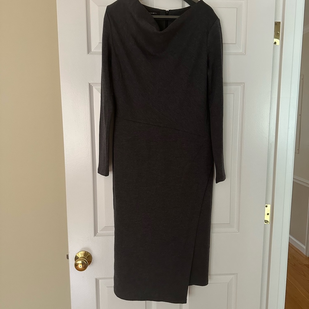 Lafayette 148 New York Charcoal Cowl-Neck Long Sleeve Midi Dress